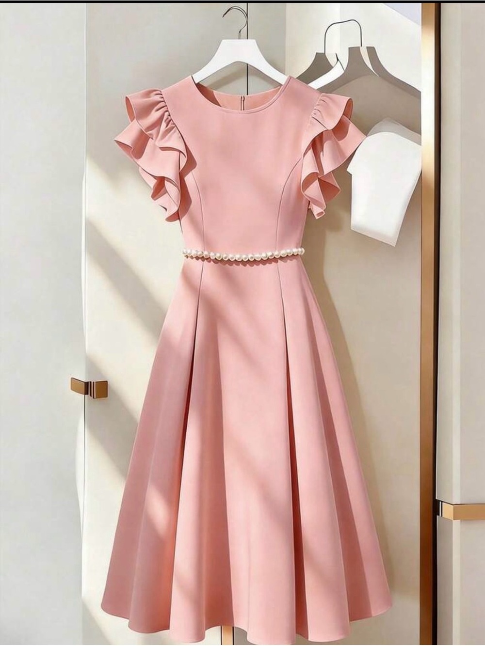Women’s Pink Ruffle-Sleeve Pearl Waist Dress